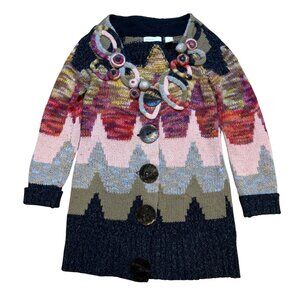 Sleeping on Snow Loops & Angles Art to Wear Knit Cardigan Size XS 3D Big Button